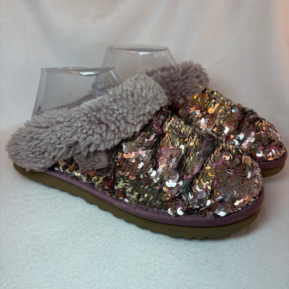 UGG Scuffette II Stellar Sequin Slippers Rose Gold Pink Sheepskin Lining